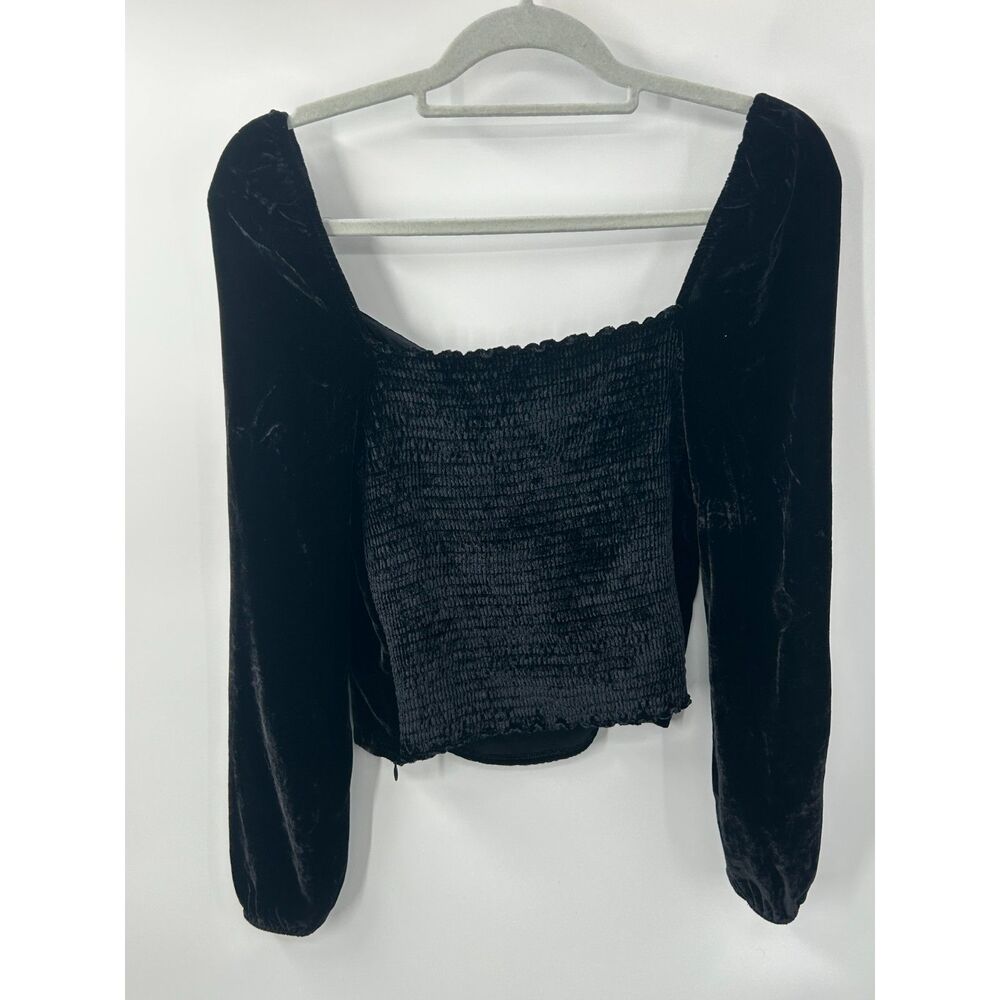 Reformation Velvet Square Neckline Black Silk Blend Puff Sleeve Blouse Top Sz 6 - Picture 2 of 6